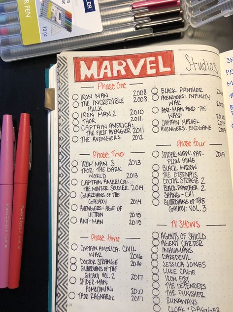 Marvel Phases Bullet Journal Marvel Phases, Creating A Bullet Journal, Bullet Journal Mood Tracker Ideas, Bullet Journal Paper, Bullet Journal Tracker, Journal Bullet, Bullet Journal Mood, Bullet Journal Notebook, Bullet Journal Books