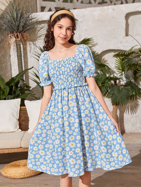 Baby Blue Boho Collar Short Sleeve Woven Fabric Floral,All Over Print A Line Embellished Non-Stretch  Girls Clothing Latest Frock Designs, Frock For Teens, Teen Girls Dresses, Elegant White Dress, Simple Frocks, Casual Frocks, Cute Dress Outfits, Teen Girl Dresses, Girls Frock Design