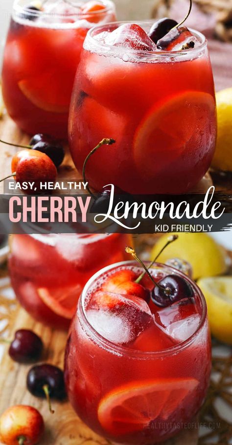 Relish the taste of summer with this easy fresh Cherry Lemonade Recipe. It combines freshly squeezed lemons and ripe cherries. This cherry lemonade is truly summer in a glass, perfectly balancing sweet and tart, it's the ideal thirst-quencher for hot days. Easy to make and adaptable, you either make the cherry juice yourself or use a bottles black or tart cherry juice. #cherrylemonade #cherry #lemonade #recipe #summer #drink Essen, Cherry Lemonade Recipe, Black Cherry Juice, Cherry Drink, Cherry Lemonade, Tart Cherry Juice, Drink Recipes Nonalcoholic, Refreshing Drinks Recipes, Summer Drink Recipes