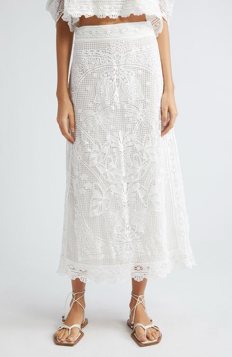 FARM Rio Guipure Lace Midi Skirt available at #Nordstrom White Midi Skirt Outfit Summer, White Midi Skirt Outfit, Midi Skirt Outfits Summer, Maxi Skirt Spring, Skirt Outfit Summer, White Midi Skirt, Midi Skirt Outfit, White Maxi Skirts, Lace Midi Skirt