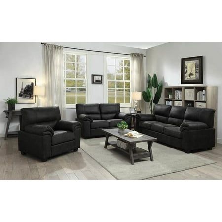 Enjoy lavish comfort with the Ballard Charcoal Loveseat, featuring rich microfiber upholstery and plush cushions on a solid wood frame. Combine with other pieces in the collection to create a cohesive look and offer exceptional comfort to family and friends. Ideal for a living room or home theatre, this loveseat features durable construction and easy care to ensure long-lasting style and comfort. Size: 38" H x 35.25" W x 59.25" D.  Color: Black. Shabby Chic Furniture, Modern Small Apartment Design, Black Sofa Set, Living Room Decor Neutral, Small Apartment Design, Home Theatre, Neutral Living Room, Living Room Decor Modern, Couches Living Room