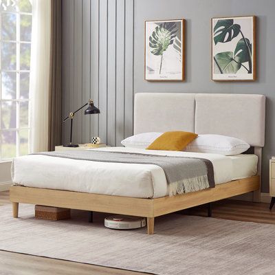 This upholstered bed frame uses a soft upholstered headboard with a wooden bed frame. The overall color or material is a new experience and feeling. The comfortable adjustable headboard allows you to lean on it with ease. The overall structure is very stable and not easy to shake, providing you with a quiet and comfortable sleeping environment. Make your bedroom more cozy. Size: Full / Double, Color: Beige | Ebern Designs Lazandra Upholstered Bed Frame in Brown | 47.2 H x 63.4 W x 81.5 D in | Wa Upholstered Queen Bed Frame, Platform Bed Designs, Wooden Bed Frame, Linen Headboard, Queen Size Platform Bed, Beige Bed, Fabric Headboard, Twin Bed Frame, Wood Bed Frame