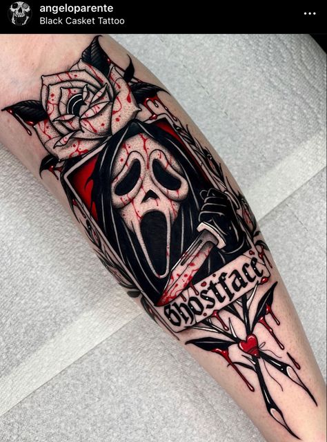 ghost face tattoo black ink and red Tattoos Ghostface, Scream Tattoos, Ghost Tattoo Ideas, Chucky Tattoo, Halloween Tattoos Sleeve, Pretty Hand Tattoos, Movie Tattoos, Ghost Tattoo, Wicked Tattoos