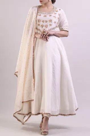 Chanderi Anarkali Set Off White Anarkali, Chanderi Anarkali, White Churidar, White Anarkali, Embroidered Suit, Women Kurta, Kurta Style, White Kurta, West New York