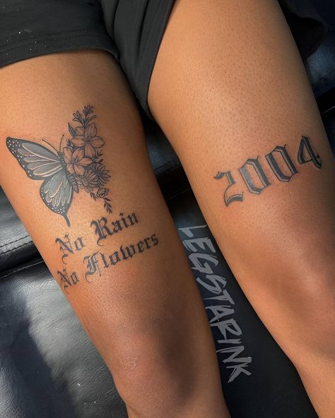Down The Leg Tattoos Women, High Knee Tattoo, Above The Knee Tattoos Black Women, Sweet 16 Tattoo Ideas, Against The Grain Tattoo, Tattoos That Wrap Around Thigh, 2004 Knee Tattoo, Year Tattoo Number Knee, Tattoo Behind Leg Woman