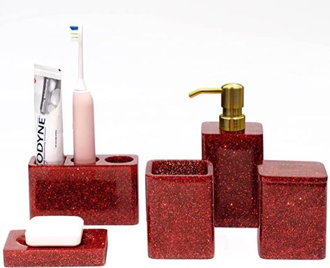 AmazonSmile: Bathroom Accessories Set,5 Pieces Resin Red Bathroom Decor Sets with Lotion Dispenser, Soap Dish, Tumbler, Toothbrush Holder, Q Tip Holders, Bathroom Essentials for New Home : Home & Kitchen Glitter Bathroom, Bling Bathroom, Red Bathroom Accessories, Red Bathroom Decor, Q Tip Holder, Toothbrush And Toothpaste Holder, Red Bathroom, Colored Mason Jars, Mason Jar Soap Dispenser