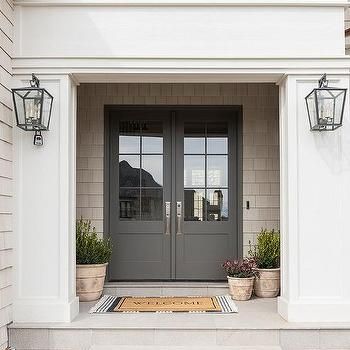 Gray Double Front Doors with Pink and Blue Vintage Rug - Transitional - Entrance/foyer Double Door Entryway, Front Door Steps, Double Doors Exterior, Overhead Garage Door, Metal House Numbers, Metal House, Double Front Doors, Modern House Number, Front Door Entrance