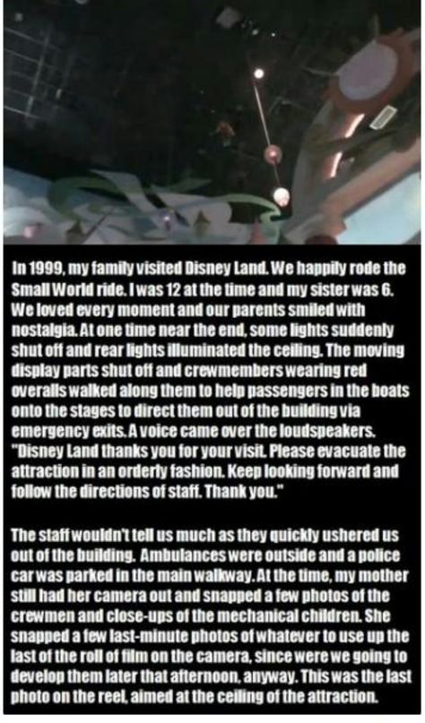 Scary Disney secret on It's a Small World. Creepy Disney, Short Scary Stories, Scary Horror Stories, Never Sleep Again, True Horror Stories, Fun Facts Scary, Short Creepy Stories, Short Horror Stories, Disney Theory