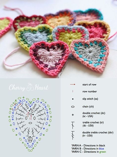 DIY: crochet heart Virkning Diagram, Beau Crochet, Crochet Garland, Confection Au Crochet, Crochet Heart Pattern, Valentines Crochet, Crochet Motifs, Crochet Diy, Crochet Heart