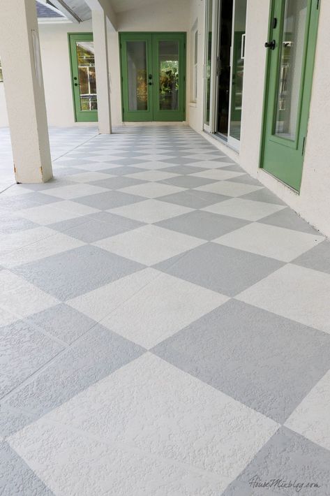 Painted Checkerboard Floor Porch, Painted Outdoor Patio, Concrete Painted Floors Outdoor Patio, Checkered Concrete Floor, Painted Checkerboard Patio, Checkerboard Patio Floor, Painted Tile Floor Checkered, Outdoor Peel And Stick Tile, Painted Back Porch Concrete