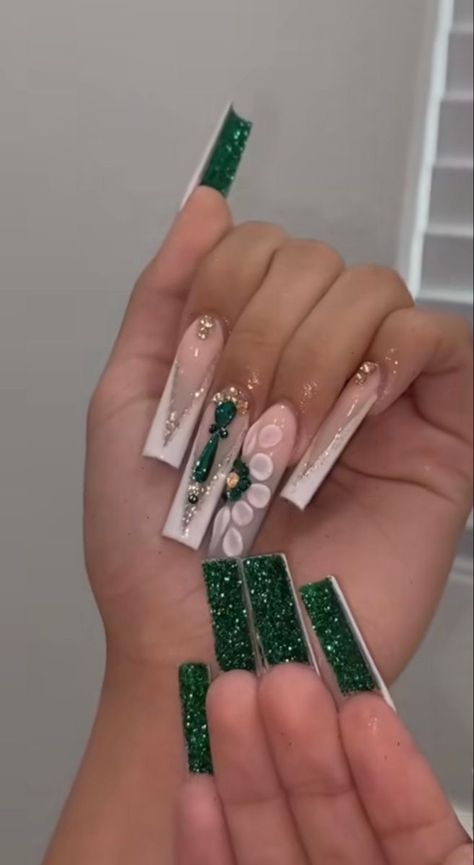 Green Long Nail Designs, Graduation Nails Green, Aquarius Nails Acrylic, Aquarius Birthday Nails, Bling Wedding Nails, Regular Nails, Prom Prep, Grad Nails, Fye Nails