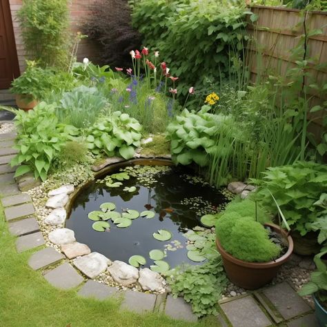 Pond In Garden Ideas, Garden Design Pond, Garden Design With Pond, Wildlife Pond Small, Small Natural Pond Ideas, Pond Small Garden, Pond In The Garden, Guppy Pond Outdoor, Small Swimming Pond