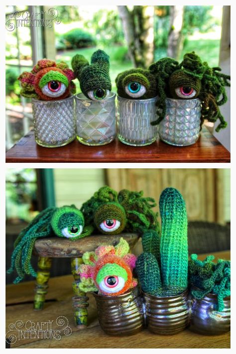 Succulent Cactus Eyeball Plants Crochet Patterns Amigurumi Patterns, Crochet Eyes Pattern Free, Creepy Crochet Doll, Plants Crochet Pattern Free, Free Crochet Kawaii Patterns, Crochet Plant Patterns, Crochet Eyeballs, Eyeball Crochet, Weird Crochet Patterns