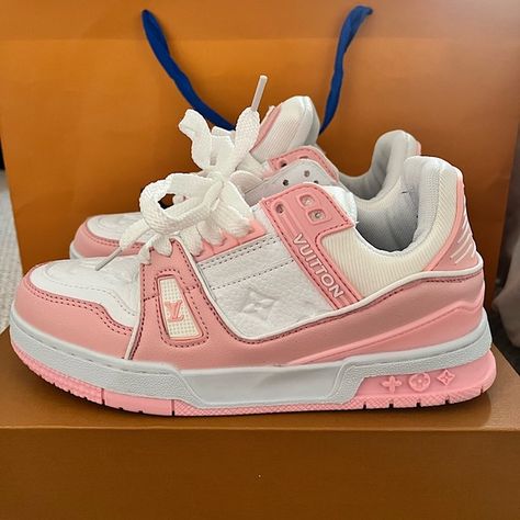 Pink Louis Vuitton trainers Lv Shoes Outfit, Louis Vuitton Sneakers Women, Lv Trainers, Pink Louis Vuitton, Louis Vuitton Trainers, Pretty Sneakers, Louis Vuitton Shoes Sneakers, Louis Vuitton Sneakers, Pretty Shoes Sneakers