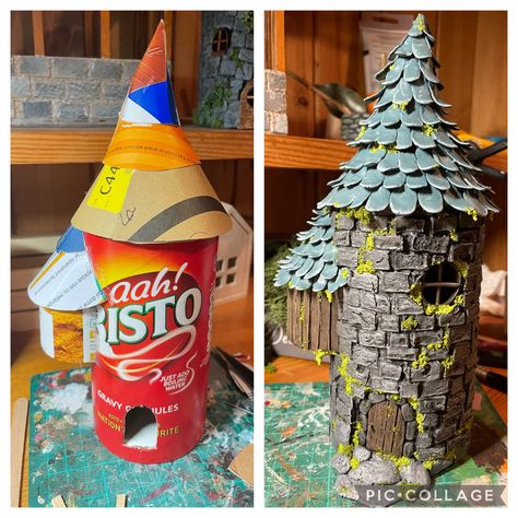 Tower I made for warhammer fantasy out of old food containers and cardboard packaging! Dnd Cardboard Terrain, Dnd Cardboard Diy, Fantasy Diorama Diy, Dnd Terrain Diy Cardboard, Diy Warhammer Terrain, Dnd Minis Diy, Diy Dnd Miniatures, D&d Crafts Diy, Warhammer Terrain Diy