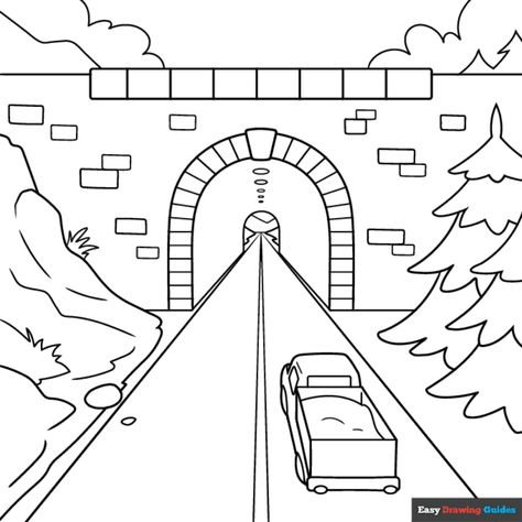 Free Easy Tunnel in One-Point Perspective Coloring Page for Kids Tunnel Drawing Easy, Tunnel Drawing, Perspective Pictures, Easy Drawing Guides, Drawing Guides, One Point Perspective, Kids Print, Printable Coloring Sheets, Point Perspective