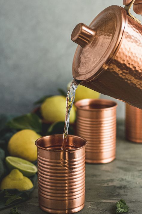 Drinking Water From Copper Vessel, Copper Aesthetic, Benefits Of Copper, Copper Bottle, Copper Pitcher, Bedside Carafe, Pitcher With Lid, Copper Dishes, Copper Water Bottle