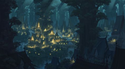 There's a wonderful sense of warm light & atmosphere in Moon City by SiChen Wang  #conceptart #fantasyart Mythical Landscapes, Elven Village, Elf City, The Hunting Party, Moon City, Forest City, Fantasy Forest, Fantasy City, Fantasy Places