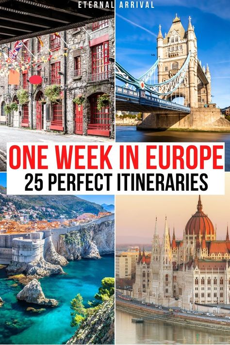 Center text that reads "one weekin Europe: 25 perfect itineraries." Photos are: top left is Dublin, red doors and stone buildings, top right is London Bridge with blue railing seen from the side angle, bottom left is Dubrovnik with turquoise blue sea and old city walls with red roof buildings, bottom right is the Budapest parliament building, a grand building with an orange rooftop on the side of a river. Western Europe Itinerary, Europe Summer Trip, One Week In Europe, Europe Road Trip, Budapest Parliament, Europe Trip Planning, Travel 2023, Europe Itinerary, Red Doors
