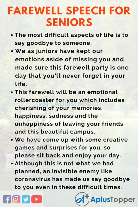 Farewell Speech for Seniors | Best Farewell Speech for Students and Children in English - A Plus Topper Fare Well Party Ideas, College Farewell Quotes For Seniors, Farewell Wishes For Seniors, Farewell Games Ideas For Seniors, Titles For Farewell For Seniors, Farewell Card Ideas Handmade For Seniors, Farewell Speech For Seniors, Farewell Games Ideas, Farewell Invitation Cards For Seniors Handmade