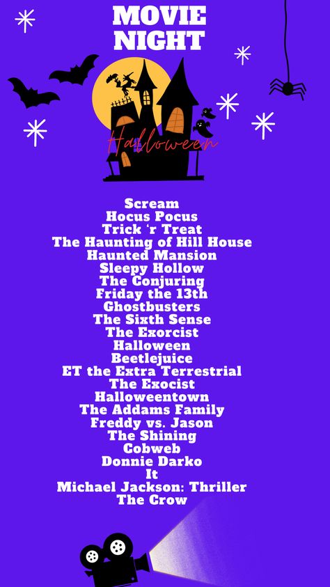 Scream
Hocus Pocus
Trick ‘r Treat
The Haunting of Hill House
Haunted Mansion
Sleepy Hollow
The Conjuring
Ghostbusters
The Sixth Sense
The Exorcist
Halloween
Beetlejuice
ET the Extra Terrestrial
The Exocist
The Addams Family
Freddy vs. Jason
Cobweb
Donnie Darko
It
Michael Jackson: Thriller
The Crow
The Shining
Friday the 13th
Spooky Movies, Scary Movies, Must See Halloween Movies, Best Halloween Movies, Movie Nights Top Halloween Movies, Halloween Beetlejuice, Movies Scary, Movies Must See, Halloween Movies To Watch, Freddy Vs Jason, The Sixth Sense, The Haunting Of Hill House, Haunting Of Hill House