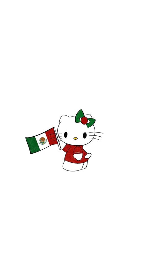 Hello Kitty holding the flag of Mexico in a red outfit with a green & red bow on her head Mexico, Mexican Hello Kitty Wallpaper, Hello Kitty Mexican, Hello Kitty Mexico, Mexican Hello Kitty, Mexican Wallpaper Aesthetic, Mexican Wallpaper, Mexico Wallpaper, Tiktok Pfp