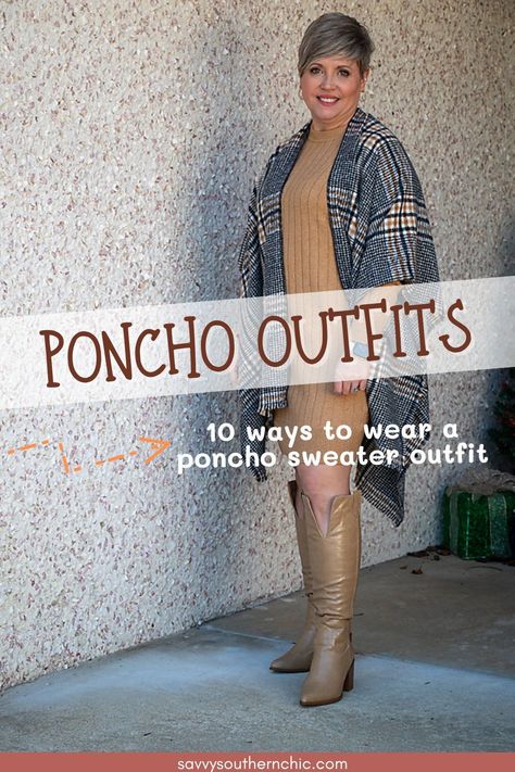 The poncho is a timeless fashion style that will keep finding its way back to our runways. Learn all about the different types of ponchos and the winter outfits you can create with them. Poncho outfits over 40 Ponchos, Poncho Fashion Runway, Shaw Outfit Fall, How To Wear A Poncho, Winter Poncho Outfits, Pancho Outfit, Poncho Outfit Winter, How To Style A Poncho, Outfits Over 40