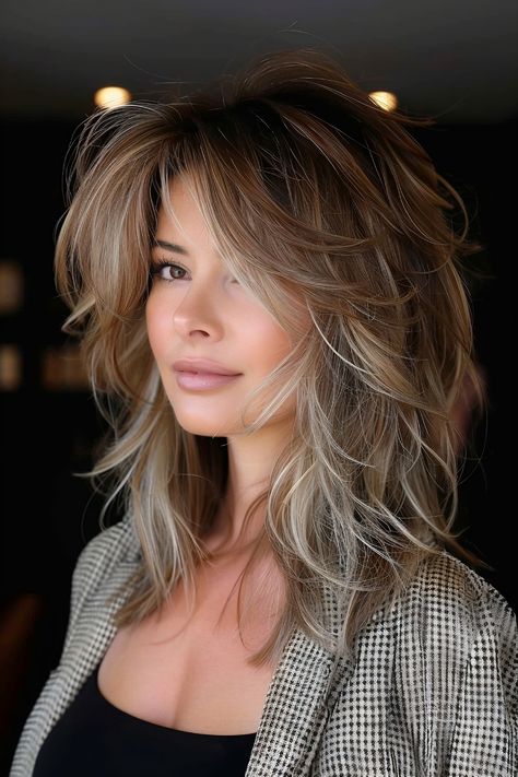 Must-Try Shag Haircuts and Hairstyles in 2024 Hair Colors For Layered Hair, Shag Hairstyles Medium Blonde, Short Layers On Top Of Head, Top Heavy Shag Haircut, Shag Hair Medium Length, Medium Hair With Choppy Layers, Modern Shag No Bangs, How To Style Medium Long Hair, Layered Hair Styles For Long Hair