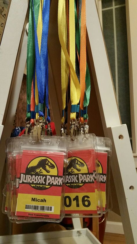 Jurassic Park Name Badges Dino Party At The Park, Jurassic Park Table Centerpieces, Jurassic Themed Birthday Party, Jurassic Park Birthday Party Invitations, Jurassic Park Activities, Life Finds A Way Jurassic Park, Jurassic Theme Party, Jurassic Park Decorations Diy, Jurassic Park Birthday Invitations