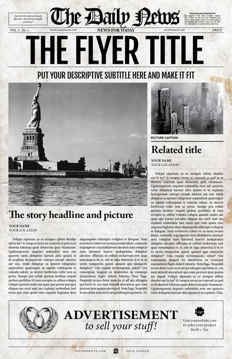 Ad: 2x1 Page Newspaper Template Indesig… by Newspaper Templates on @creativemarket. Description You can create your own newspaper front page with these two old style newspaper templates. Perfect for home printing and fun #creativemarket News Paper Template, News Paper Background, Old News Paper, Newspaper Article Template, Blank Newspaper, Newspaper Design Layout, Kertas Vintage, Newspaper Background, Article Template