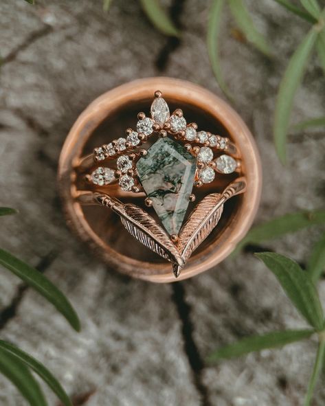 Staghead Designs | Rate this “Sage” bridal suite 1-10 🌿✨ #customjewelry #uniqueengagementring #mossagatejewelry | Instagram Antler Wedding Rings, Moss Agate Jewelry, Moss Agate Engagement Ring, Staghead Designs, Cute Engagement Rings, Future Engagement Rings, Agate Engagement Ring, Ceramic Rings, Ring With Diamond