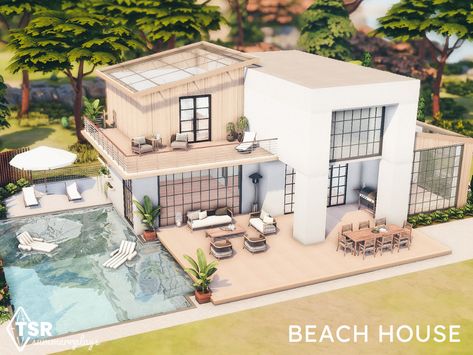 Sims 4 Beach House Island Living Floor Plan, Modern Cottage Sims 4, Simple Beach House Design, Exterior Sims 4 Cc, Sims 4 Beginner House, Sims 4 House Plans Modern, Modern Sims House, Sims 4 Lots Patreon, Sims 4 Houses Exterior