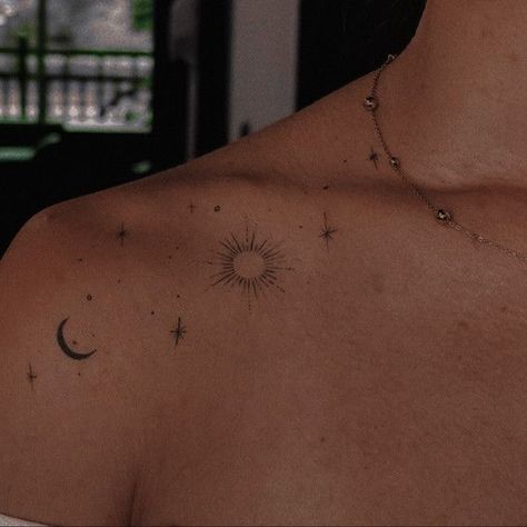 Star Dainty Tattoo, Aesthetic Moon Tattoo Ideas, Tattoo Ideas For Collar Bone, Kylie Jenner Tattoo Hip, Celestial Shoulder Tattoos For Women, Sparkle Collarbone Tattoo, Moon Calf Tattoo, Shoulder Sparkle Tattoo, Inbetween Breast Tattoo Ideas
