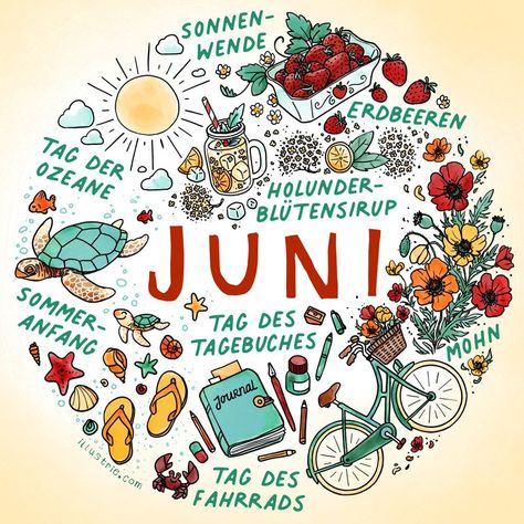 Juni– Bulletjournal + Kalenderblatt-Illustration – illustrierte Liste bestehend aus Motiven von Dingen, die uns diesen Monat begegnen können. Calendar Doodles, Bujo Art, Illustration Calendar, Kalender Design, Graphic Recording, Cute Calendar, Doodle Art Journals, Sketch Notes, Bujo Inspiration