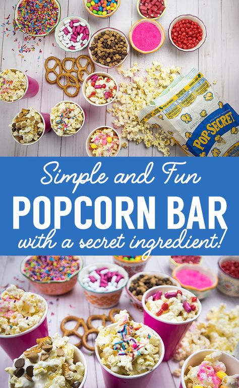 Popcorn Bar Ideas, Popcorn Bar Toppings, Popcorn Bar Party, Diy Popcorn Bar, Fun Popcorn, Birthday Popcorn, Popcorn Toppings, Party Food Bars, Diy Popcorn