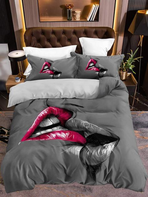 Lips Kissing, Draps Design, Designer Bed Sheets, 3d Bedding Sets, Designer Bed, 3d Bedding, Print Duvet Cover, Lip Print, Dark Home Decor