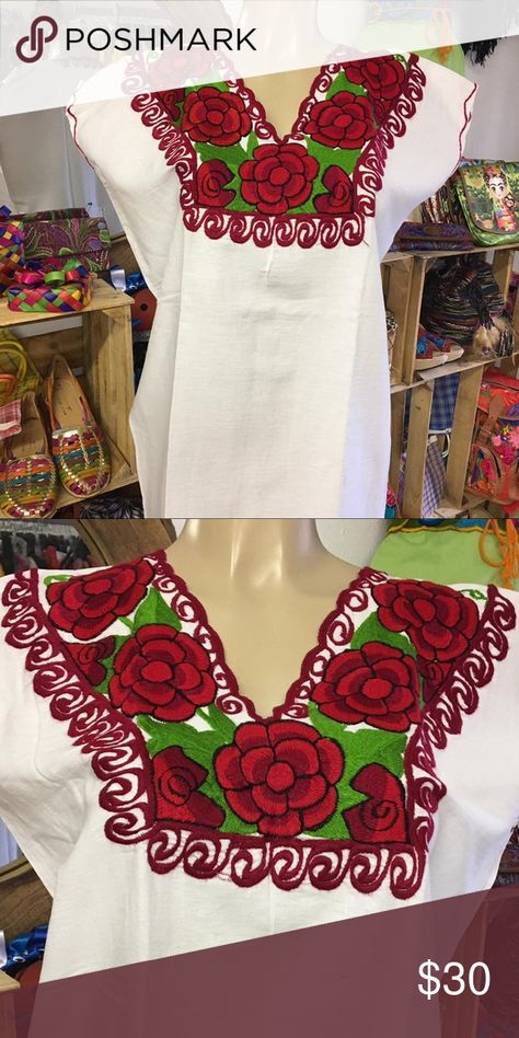 Mexican Embroidered Blouse XL White with Red Roses Embroidered Rose, Mexican Blouse, Traditional Mexican, Blue Embroidery, Embroidered Blouse, Embroidery Projects, White Top, Floral Embroidery, Blue Floral