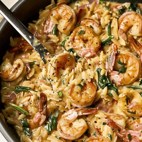 Tuscan Shrimp and Orzo Skillet - Recipes, Tasks & Tools Brown Butter Orzo, Cajun Shrimp Orzo, Shrimp Spinach Orzo Recipe, Orzo Skillet Recipes, Orzo Recipes Shrimp, Shrimp With Orzo Recipes, Orzo Shrimp Recipes, Diced Tomatoes Recipes, Shrimp And Orzo Recipes