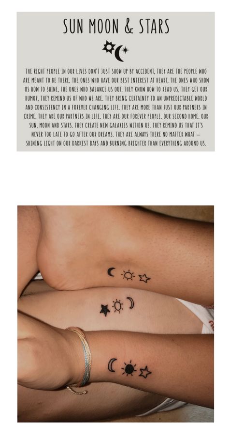 sun, moon, stars Tattoo Placements, Tattoo Sonne, Friend Tattoos Small, Matching Bff Tattoos, Matching Friend Tattoos, Hippie Tattoo, Matching Best Friend Tattoos, Bestie Tattoo, Tattoo Zeichnungen