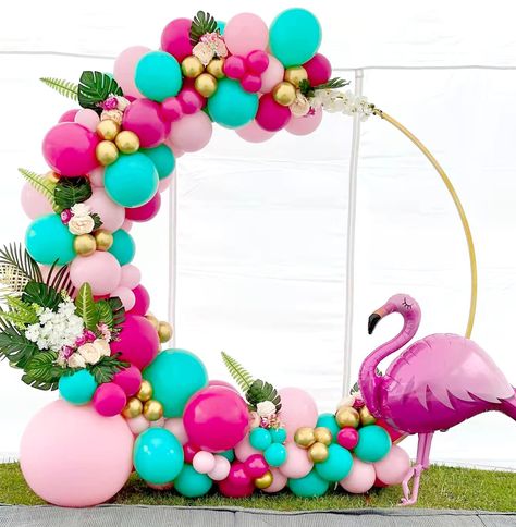 PRICES MAY VARY. Memorable Party Backdrop: You will get a very beautiful and eye-catching Flamingo Hawaii Theme balloon arch at the party. Our balloon arches are carefully designed, each balloon is so lovely. Your guests will be surprised to see it, it is so beautiful! Real Color Balloons: 15pcs Berry Pink balloons, 45pcs Light Pink balloons, 10pcs Cyan color balloons, 15pcs Metallic Gold color balloons. Made of latex, the balloons are thick and environmental non-toxic. Excellent coating can be Tropical Birthday Party Backdrop, Flamingo Themed Party Backdrop, Luau Balloons, Tropical Balloons, Tropisk Fest, Tropical Backdrop, Flamingo Party Decor, Flamingo Balloons, Cyan Color