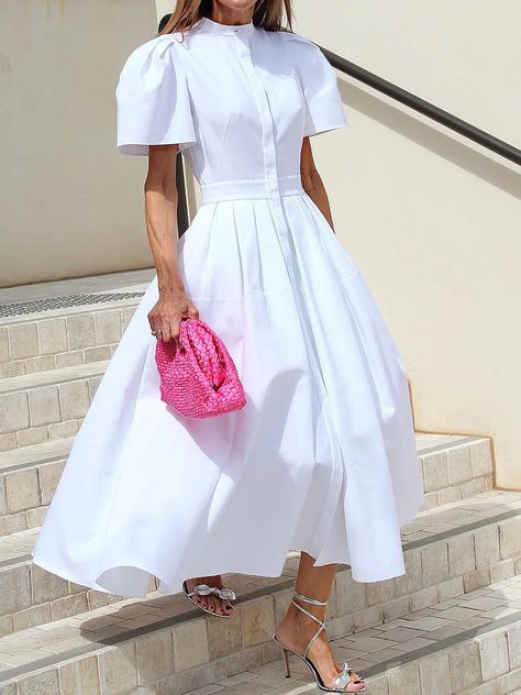 Elegant Stand Collar Plain Maxi Dress | stylewe Kate Spade White Dress, All White Funeral Outfit, White Dress Outfit Casual, Inauguration Outfit, Ladies Wear Dresses, Elegant Fits, Dresses Business Casual, Inexpensive Dresses, White Dress Outfit