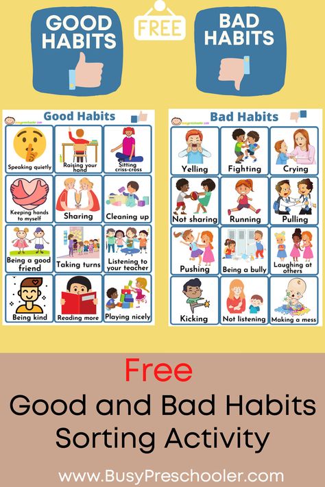 Good and Bad Choices - Sorting Activity For Kids | Free Download Good And Bad Habits For Kids, Bad Behavior Kids, Manners Chart, Good Habits For Kids, Manners For Kids, Social Skills For Kids, Bad Choices, Printable For Kids, Preschool Activities Toddler