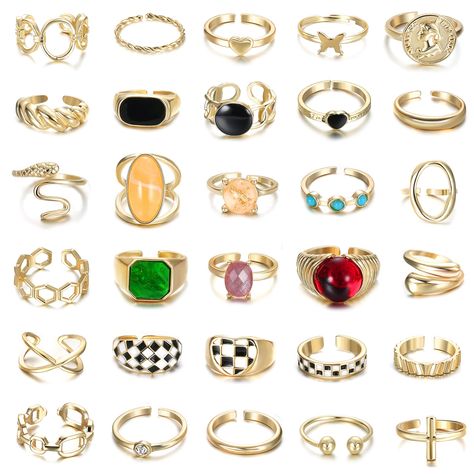 PRICES MAY VARY. ⚡[Gold Ring Set]：The order contains 30pcs open rings of different styles that combines various fashion elements such as plain ring, chunky dome ring, square signet ring, snake ring, braided ring,heart rings,twisted ring, colorful gemstone,etc., This is a necessary ring set for women. 🎈[Adjustable Rings]：Before the adjustment, cute rings are about the size of finger circumference7-9. Suitable for most people.Trendy stackable rings design can make your fingers are more slender an Gold Chunky Rings, Amazon Rings, Rings For Women Gold, Rings Chunky, Plain Ring, Fashion Elements, Heart Rings, Rings Design, Open Rings