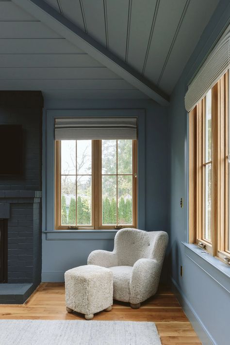 Debonair Sherwin Williams, Emily Henderson Bedroom, Blue Room Paint, 2024 Plan, Benjamin Moore Bedroom, Blue Bedroom Paint, Accent Chair And Ottoman, Vaulted Ceiling Bedroom, Blue Boys Bedroom