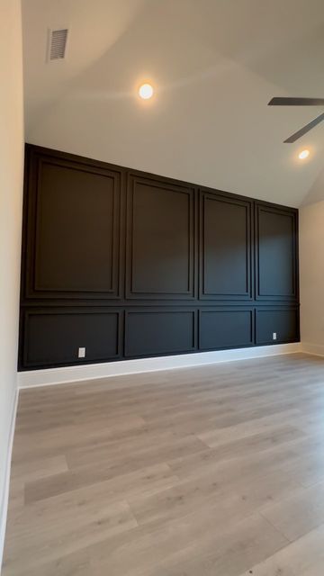 Modern Dining Room Feature Wall, Accent Room Wall, Accent Walls Front Entry, Black Accent Living Room Wall, Home Accent Wall Ideas, Bedroom Accent Wall Gray, Dark Wood Feature Wall, Basement Dark Accent Wall, Master Bedrooms Black Accent Wall