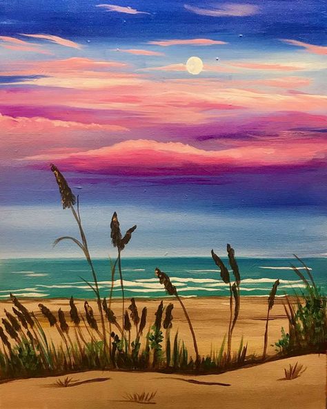 Paint A Sunset Easy, Beach Sunset Painting Easy Step By Step, Sunset Beach Painting Easy, Easy Beach Painting, City Paintings, Beach Sunset Painting, View Painting, Canvas Painting For Beginners, Painting Parties