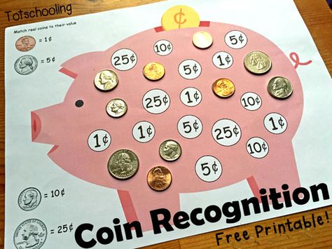 Piggy Bank Coin Recognition Printable | Totschooling - Toddler and Preschool Educational Printable Activities Montessori, English Synonyms, Money Kindergarten, Educational Toddler Activities, Teaching Money, Money Activities, Money Math, Toddler Education, Homeschool Learning