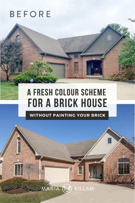 Often, the simple colour scheme is best, especially with a classic brick house like this one. You can still freshen up a classic brick house WITHOUT painting the brick exterior! Exterior Windows Brick House, Pink Brick Exterior Makeover, Pink Brick Home Exterior, Trim For Brick House, Brick House Brown Trim, Pinkish Brick House Exterior, Trim Color For Red Brick House, Brown Brick Trim Colors, Light Brick Dark Trim House Exteriors