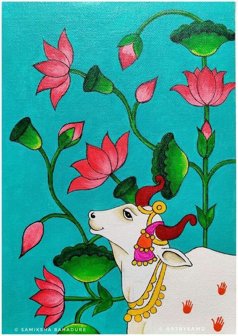 Pattchitra Painting Designs, Lotus Wall Mural Painting, Pichwai Paintings Cows Drawing, Pichwai Mandala Art, Cow Lotus Painting, Pichwai Lotus Sketch, Pichwai Painting On Canvas, Pichwai Paintings Canvas, Pichwai Paintings Sketch