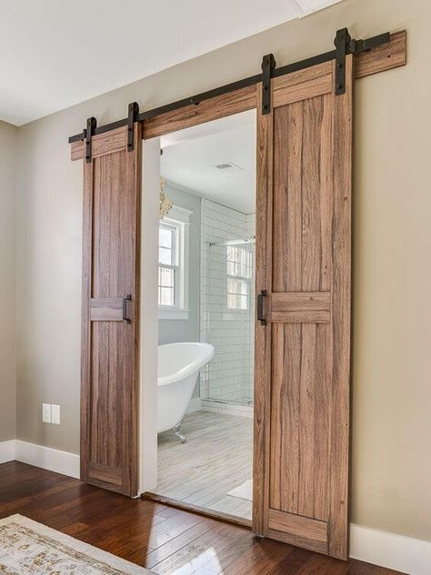 Top 50 Amazing Sliding Door Ideas For Your Home - Engineering Discoveries Sliding Doors Wooden, Sliding Barn Door Master Bath, Sliding Bathroom Barn Door, Slide Doors For Bathroom, Barn Door Into Bathroom, Sliding Barn Doors In The House Bathroom, Sliding Wooden Doors Modern, Modern Farmhouse Barn Doors, Barn Door In Bedroom Master Bathrooms